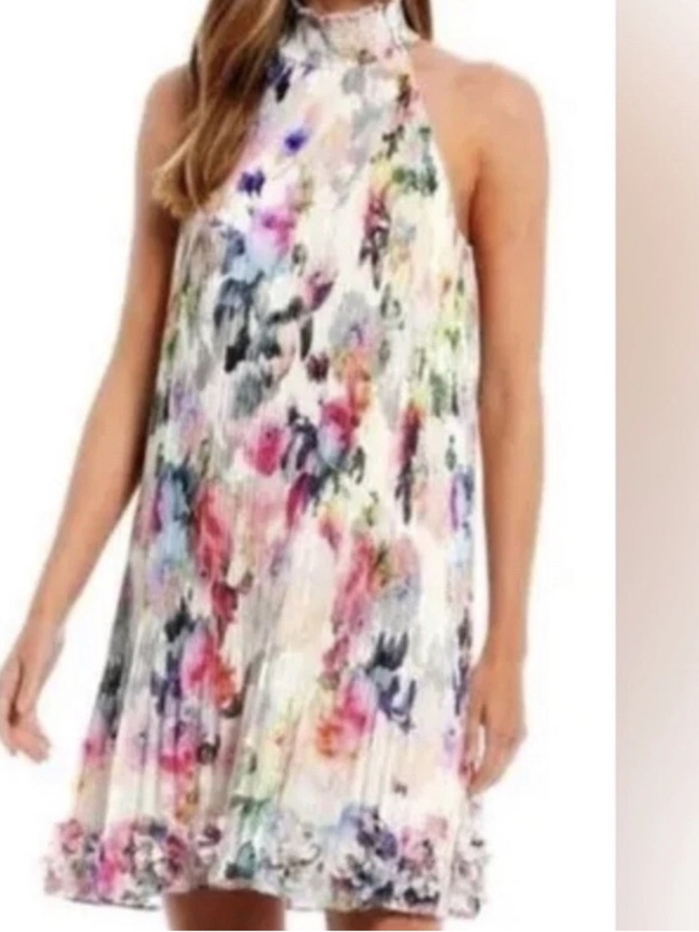 Watercolor Floral Pleated Halter  Dress Shimmer Floret Trim 10P